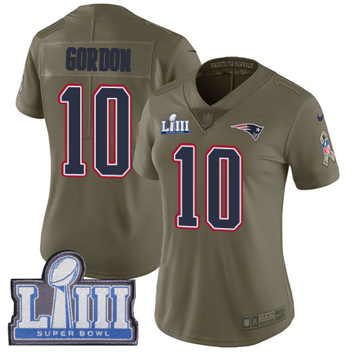 Nike Patriots #10 Josh Gordon Olive Super Bowl LIII Bound Women's Stitched NFL Limited 2017 Salute to Service Jersey