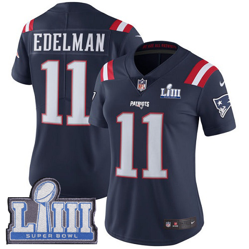 Nike Patriots #11 Julian Edelman Navy Blue Super Bowl LIII Bound Women's Stitched NFL Limited Rush Jersey