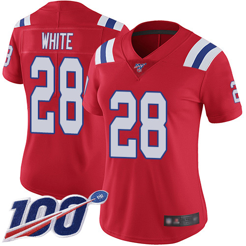 Nike Patriots #28 James White Red Alternate Women's Stitched NFL 100th Season Vapor Limited Jersey