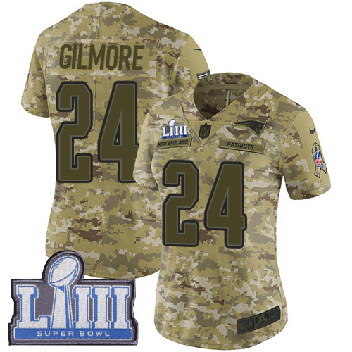 Nike Patriots #24 Stephon Gilmore Camo Super Bowl LIII Bound Women's Stitched NFL Limited 2018 Salute to Service Jersey