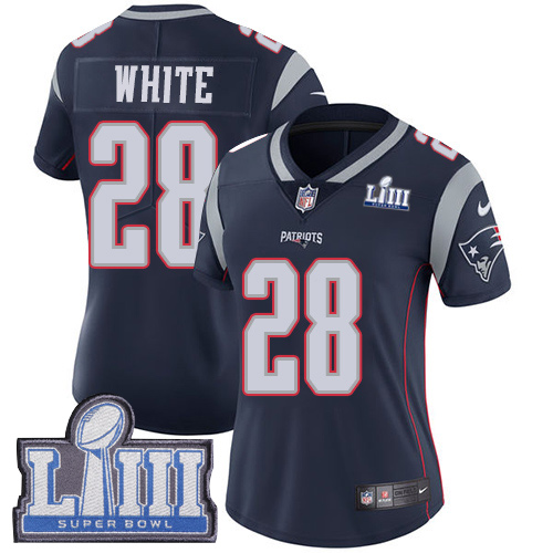 Nike Patriots #28 James White Navy Blue Team Color Super Bowl LIII Bound Women's Stitched NFL Vapor Untouchable Limited Jersey