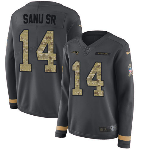 Nike Patriots #14 Mohamed Sanu Sr Anthracite Salute to Service Women's Stitched NFL Limited Therma Long Sleeve Jersey