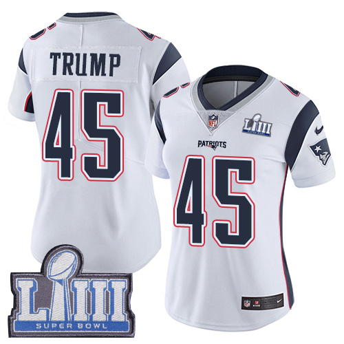 Nike Patriots #45 Donald Trump White Super Bowl LIII Bound Women's Stitched NFL Vapor Untouchable Limited Jersey