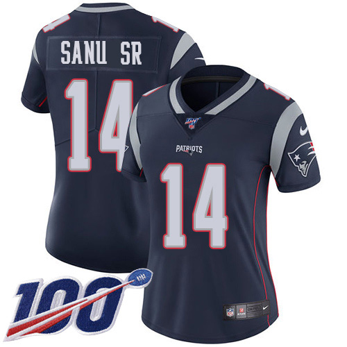 Nike Patriots #14 Mohamed Sanu Sr Navy Blue Team Color Women's Stitched NFL 100th Season Vapor Limited Jersey