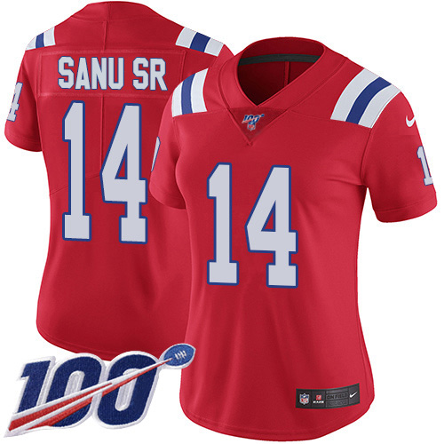 Nike Patriots #14 Mohamed Sanu Sr Red Alternate Women's Stitched NFL 100th Season Vapor Limited Jersey