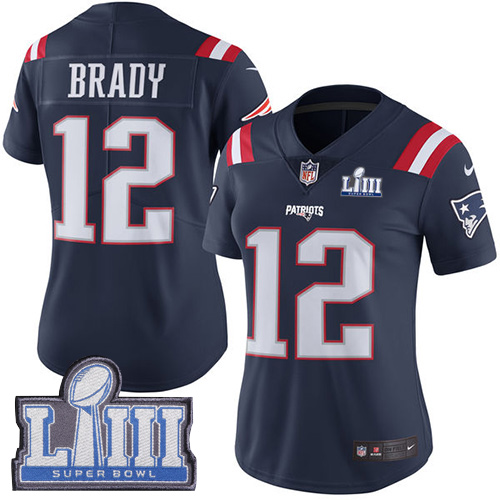 Nike Patriots #12 Tom Brady Navy Blue Super Bowl LIII Bound Women's Stitched NFL Limited Rush Jersey