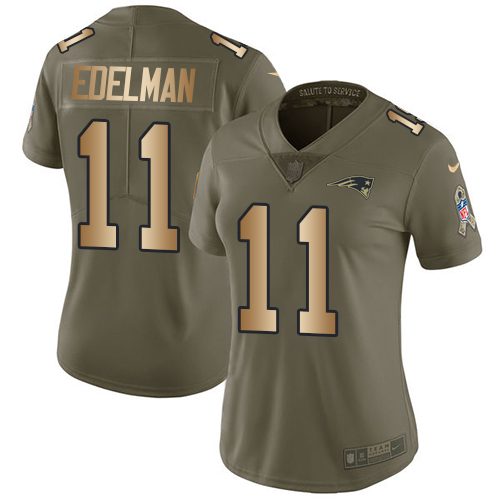 Nike Patriots #11 Julian Edelman Olive/Gold Women's Stitched NFL Limited 2017 Salute to Service Jersey