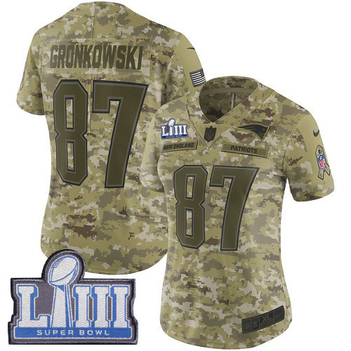 Nike Patriots #87 Rob Gronkowski Camo Super Bowl LIII Bound Women's Stitched NFL Limited 2018 Salute to Service Jersey