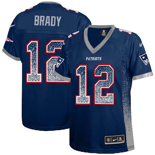 Nike Patriots #12 Tom Brady Navy Blue Team Color Women's Stitched NFL Elite Drift Fashion Jersey