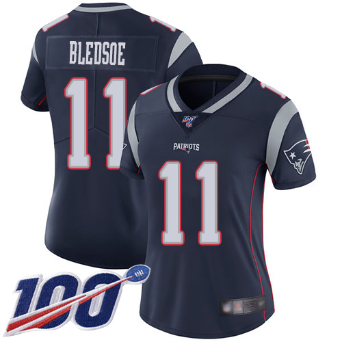 Nike Patriots #11 Drew Bledsoe Navy Blue Team Color Women's Stitched NFL 100th Season Vapor Limited Jersey