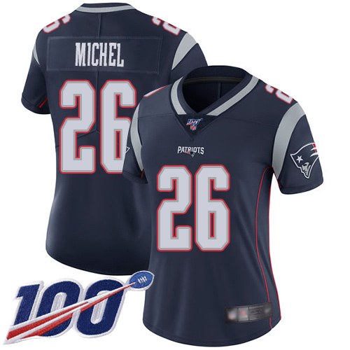 Nike Patriots #26 Sony Michel Navy Blue Team Color Women's Stitched NFL 100th Season Vapor Limited Jersey