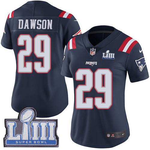 Nike Patriots #29 Duke Dawson Navy Blue Super Bowl LIII Bound Women's Stitched NFL Limited Rush Jersey
