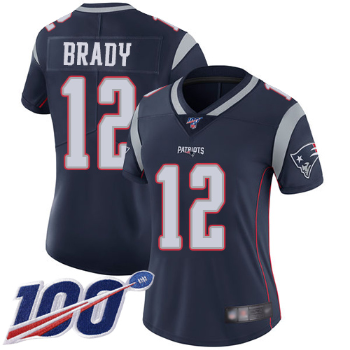 Nike Patriots #12 Tom Brady Navy Blue Team Color Women's Stitched NFL 100th Season Vapor Limited Jersey