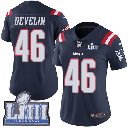 Nike Patriots #46 James Develin Navy Blue Super Bowl LIII Bound Women's Stitched NFL Limited Rush Jersey
