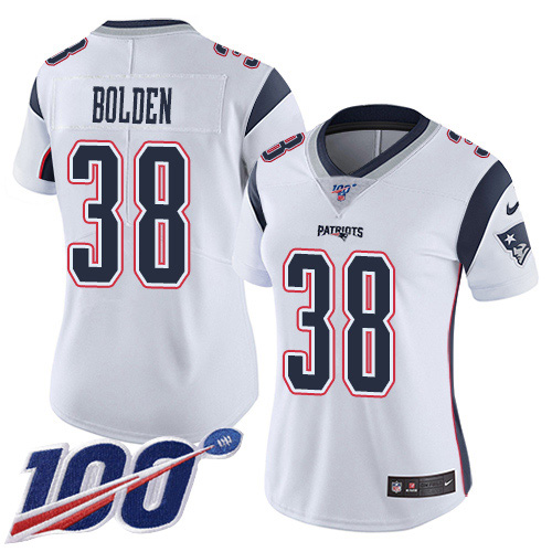 Nike Patriots #38 Brandon Bolden White Women's Stitched NFL 100th Season Vapor Limited Jersey