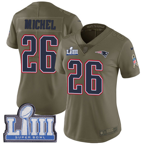 Nike Patriots #26 Sony Michel Olive Super Bowl LIII Bound Women's Stitched NFL Limited 2017 Salute to Service Jersey