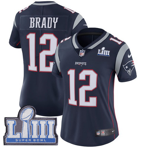 Nike Patriots #12 Tom Brady Navy Blue Team Color Super Bowl LIII Bound Women's Stitched NFL Vapor Untouchable Limited Jersey