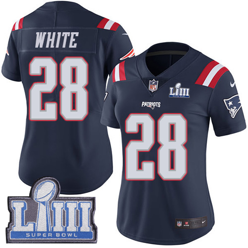 Nike Patriots #28 James White Navy Blue Super Bowl LIII Bound Women's Stitched NFL Limited Rush Jersey