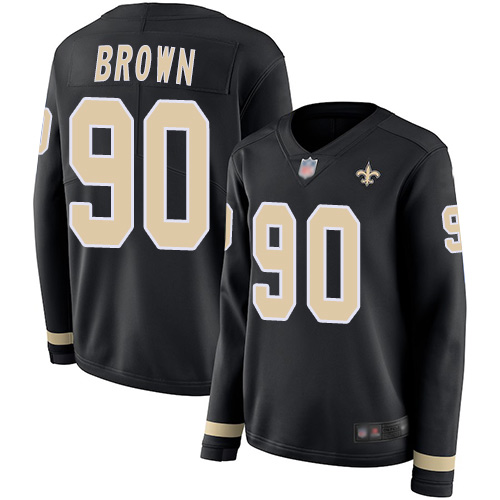 Nike Saints #90 Malcom Brown Black Team Color Women's Stitched NFL Limited Therma Long Sleeve Jersey