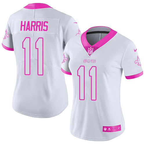 Nike Saints #11 Deonte Harris White/Pink Women's Stitched NFL Limited Rush Fashion Jersey