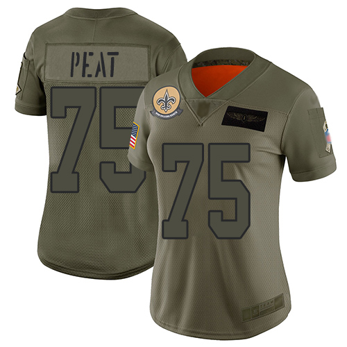 Nike Saints #75 Andrus Peat Camo Women's Stitched NFL Limited 2019 Salute to Service Jersey