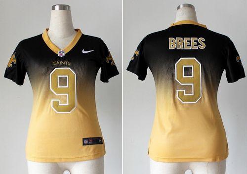 Nike Saints #9 Drew Brees Black/Gold Women's Stitched NFL Elite Fadeaway Fashion Jersey