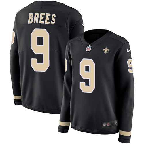 Nike Saints #9 Drew Brees Black Team Color Women's Stitched NFL Limited Therma Long Sleeve Jersey