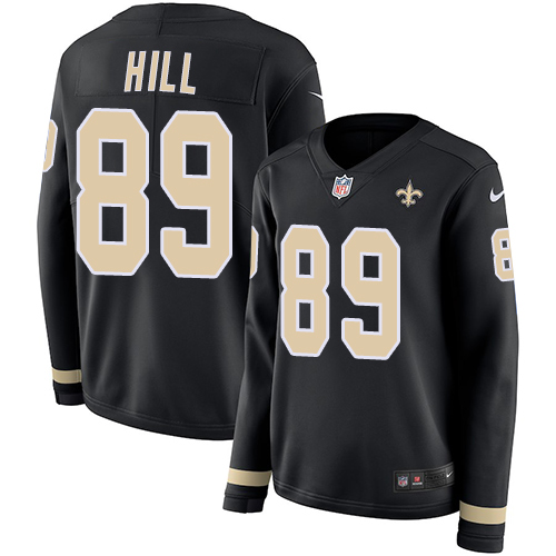 Nike Saints #89 Josh Hill Black Team Color Women's Stitched NFL Limited Therma Long Sleeve Jersey