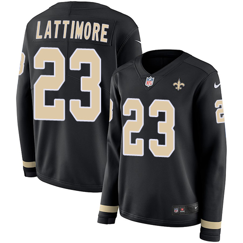 Nike Saints #23 Marshon Lattimore Black Team Color Women's Stitched NFL Limited Therma Long Sleeve Jersey