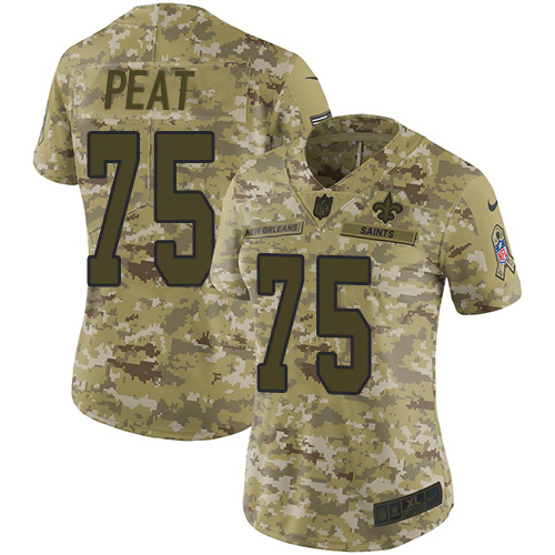 Nike Saints #75 Andrus Peat Camo Women's Stitched NFL Limited 2018 Salute to Service Jersey