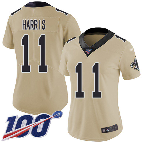 Nike Saints #11 Deonte Harris Gold Women's Stitched NFL Limited Inverted Legend 100th Season Jersey