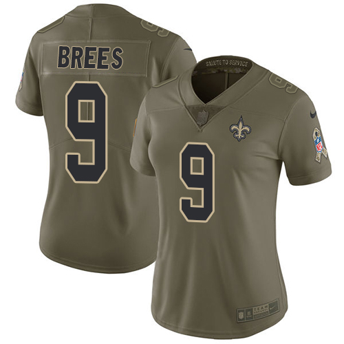 Nike Saints #9 Drew Brees Olive Women's Stitched NFL Limited 2017 Salute to Service Jersey