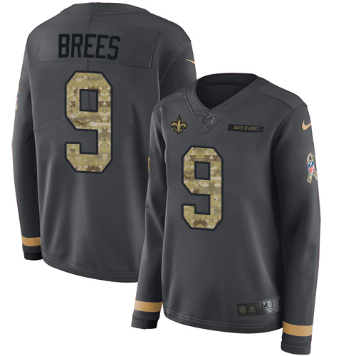 Nike Saints #9 Drew Brees Anthracite Salute to Service Women's Stitched NFL Limited Therma Long Sleeve Jersey