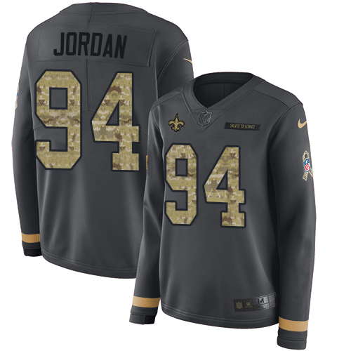 Nike Saints #94 Cameron Jordan Anthracite Salute to Service Women's Stitched NFL Limited Therma Long Sleeve Jersey