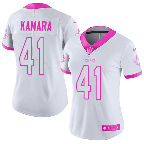 Nike Saints #41 Alvin Kamara White/Pink Women's Stitched NFL Limited Rush Fashion Jersey