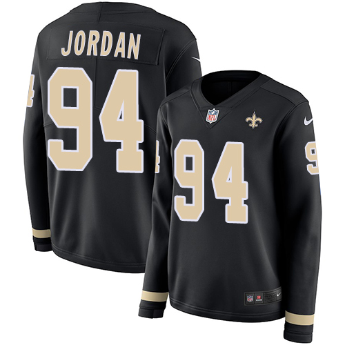 Nike Saints #94 Cameron Jordan Black Team Color Women's Stitched NFL Limited Therma Long Sleeve Jersey