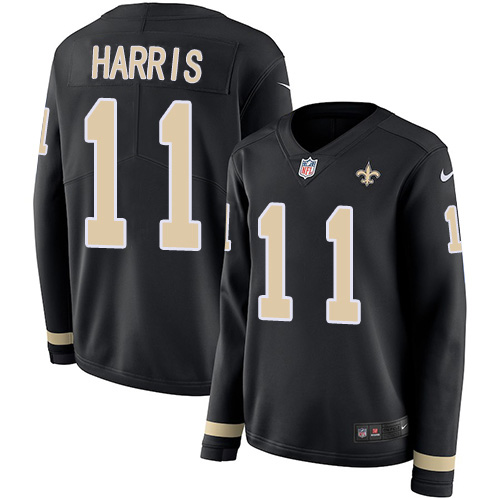 Nike Saints #11 Deonte Harris Black Team Color Women's Stitched NFL Limited Therma Long Sleeve Jersey