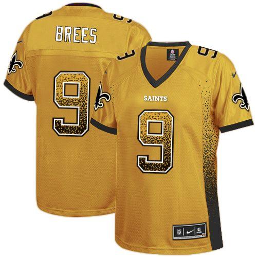 Nike Saints #9 Drew Brees Gold Women's Stitched NFL Elite Drift Fashion Jersey