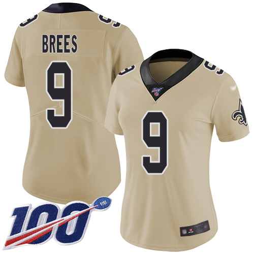 Nike Saints #9 Drew Brees Gold Women's Stitched NFL Limited Inverted Legend 100th Season Jersey