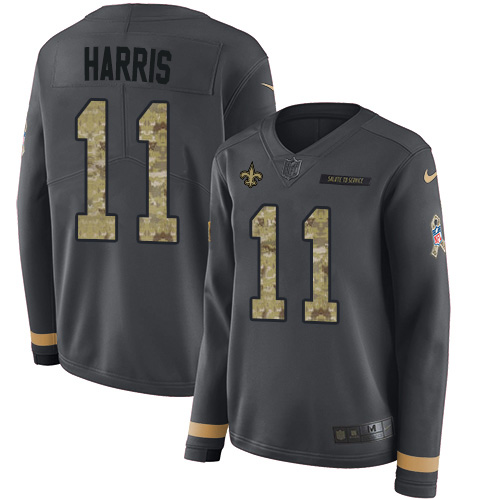 Nike Saints #11 Deonte Harris Anthracite Salute to Service Women's Stitched NFL Limited Therma Long Sleeve Jersey