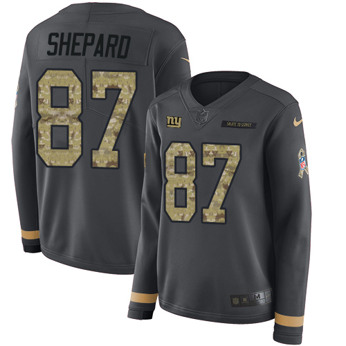 Nike Giants #87 Sterling Shepard Anthracite Salute to Service Women's Stitched NFL Limited Therma Long Sleeve Jersey