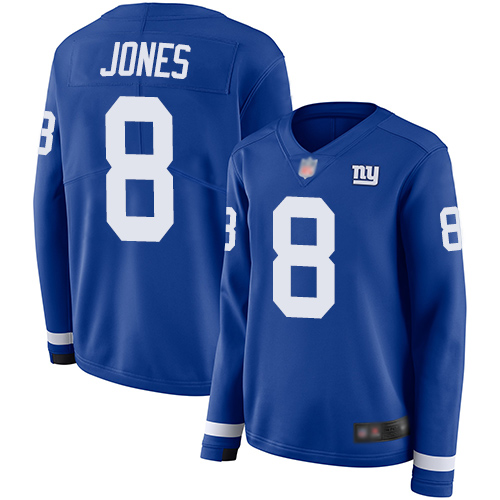 Nike Giants #8 Daniel Jones Royal Blue Team Color Women's Stitched NFL Limited Therma Long Sleeve Jersey