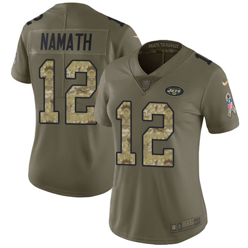 Nike Jets #12 Joe Namath Olive/Camo Women's Stitched NFL Limited 2017 Salute to Service Jersey