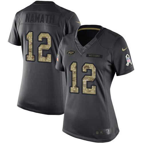 Nike Jets #12 Joe Namath Black Women's Stitched NFL Limited 2016 Salute to Service Jersey