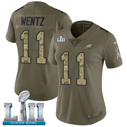 Nike Eagles #11 Carson Wentz Olive/Camo Super Bowl LII Women's Stitched NFL Limited 2017 Salute to Service Jersey