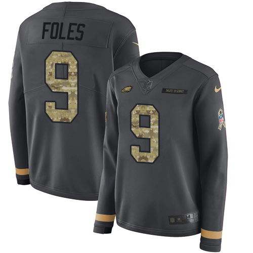 Nike Eagles #9 Nick Foles Anthracite Salute to Service Women's Stitched NFL Limited Therma Long Sleeve Jersey