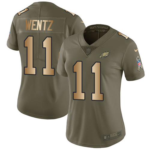 Nike Eagles #11 Carson Wentz Olive/Gold Women's Stitched NFL Limited 2017 Salute to Service Jersey