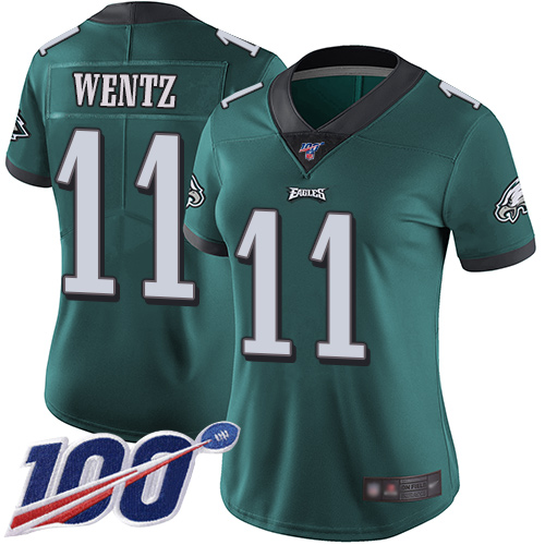 Nike Eagles #11 Carson Wentz Midnight Green Team Color Women's Stitched NFL 100th Season Vapor Limited Jersey