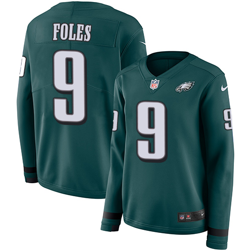 Nike Eagles #9 Nick Foles Midnight Green Team Color Women's Stitched NFL Limited Therma Long Sleeve Jersey