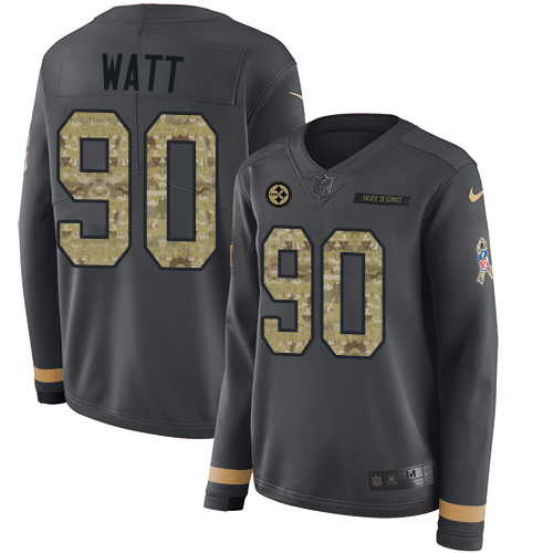 Nike Steelers #90 T. J. Watt Anthracite Salute to Service Women's Stitched NFL Limited Therma Long Sleeve Jersey
